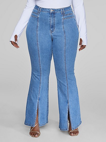 Plus Size High Rise Flare Jeans with Front Slit - Fashion To Figure