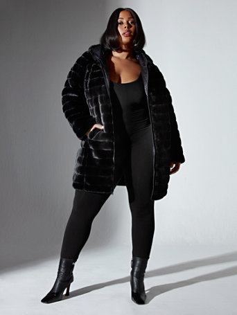Plus Size Chandra Hooded Reversible, Reversible Faux Fur Hooded Coat In Black