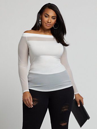 white mesh off the shoulder top