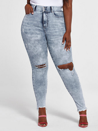 Plus Size High Rise Acid Wash Destructed Curvy Fit Skinny Jeans - Tall Inseam in Light Indigo Size 18 - Fashion to Figure