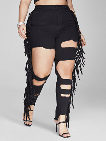 Plus Size High Rise Blowout Skinny Jeans with Fringe Detail - Short Inseam in Black Size 26 - Fashion to Figure