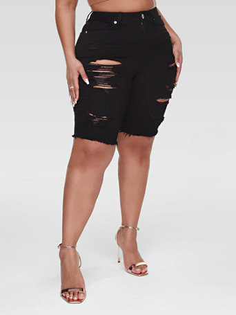 Rise Destructed Denim Bermuda Shorts 
