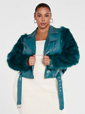 Jamila Croc Faux Leather Moto Jacket, Fake Fur Coats With Leather Sleeves
