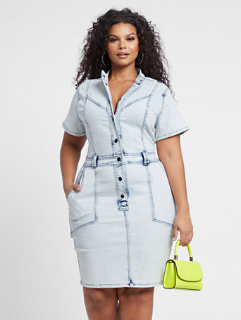 plus button front denim dress