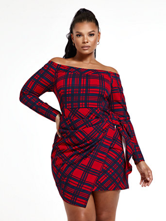 off the shoulder plaid dress