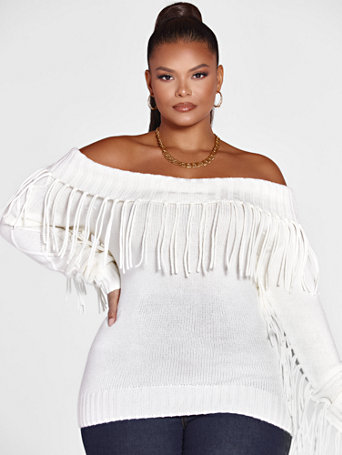 white off the shoulder fringe sweater