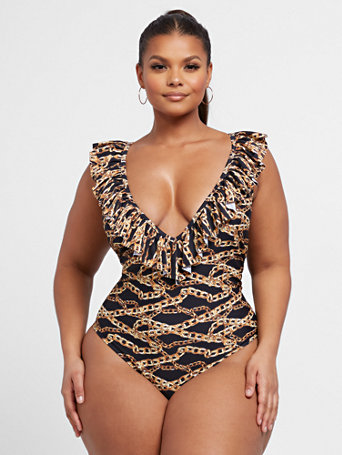 Melody Chain Print Ruffle One-Piece Swimsuit in Black Size 2