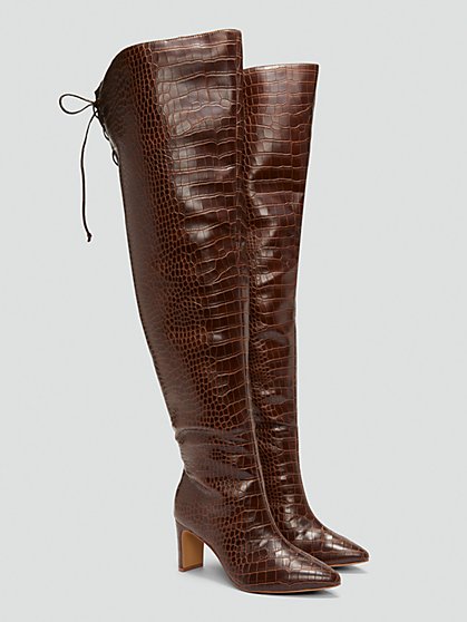 Plus Size Agate Thigh-High Croc Faux Leather Boots - Nadia x FTF - Fashion To Figure