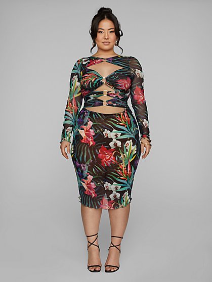 Plus Size Ainsley O-Ring Tropical Print Mesh Dress - Fashion To Figure
