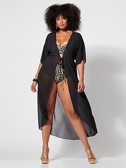 Plus Size Alexis Black Tie-Front Cover-up - Fashion To Figure