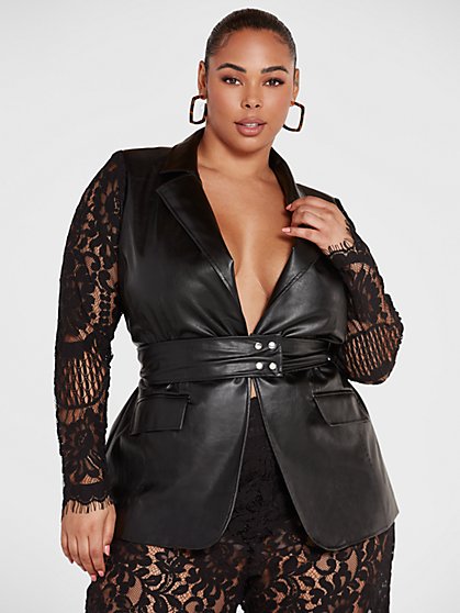 Plus Size Alisha Faux Leather Lace Sleeve Blazer - Fashion To Figure