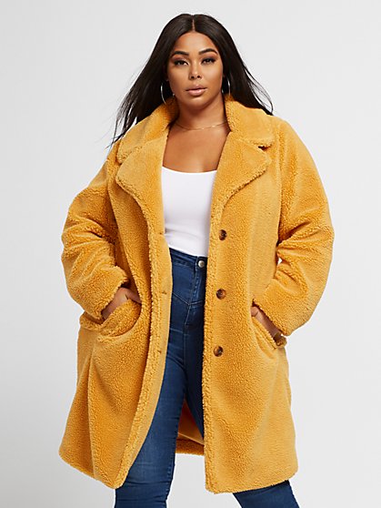 Plus Size Amy Mustard Sherpa Coat - Fashion To Figure