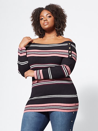 Plus Size Aria Striped Snap-Button Sweater - Fashion To Figure