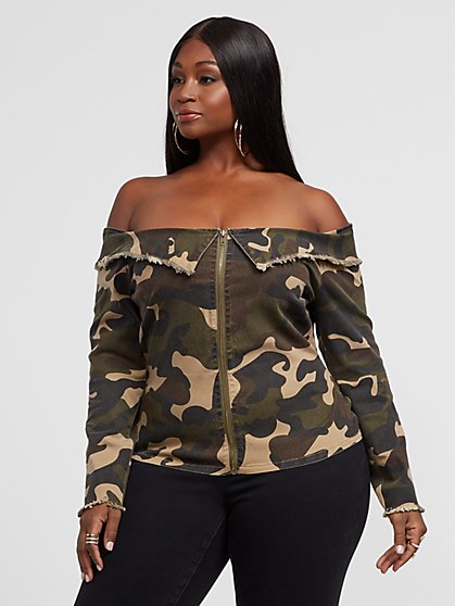 Plus Size Arlene Camo Off Shoulder Top - Fashion To Figure