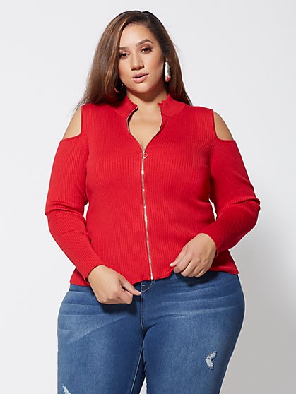 Plus Size Brandi Cold-Shoulder Zip Sweater - Fashion To Figure