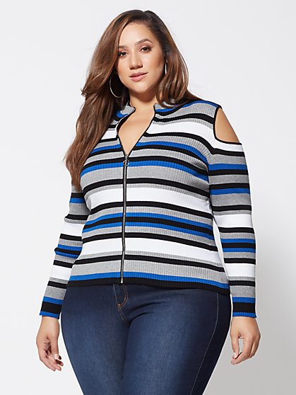 Plus Size Brandi Striped Cold-Shoulder Zip Sweater - Fashion To Figure