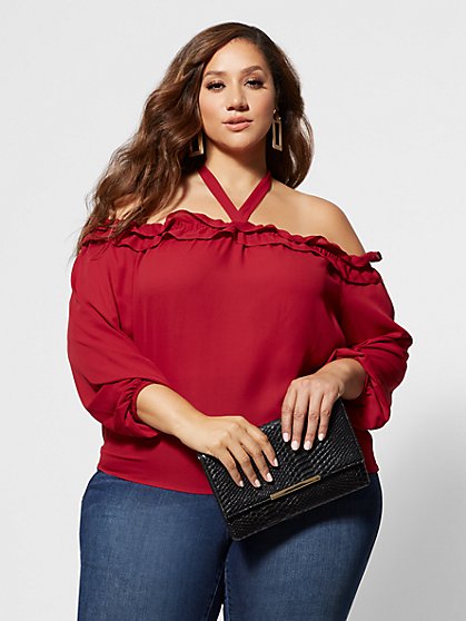 Plus Size Caitlin Halter Off Shoulder Blouse - Fashion To Figure