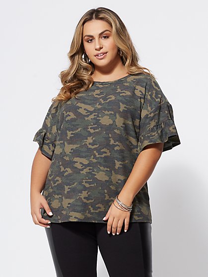 Plus Size Camo Bow-Accented Top - Fashion To Figure