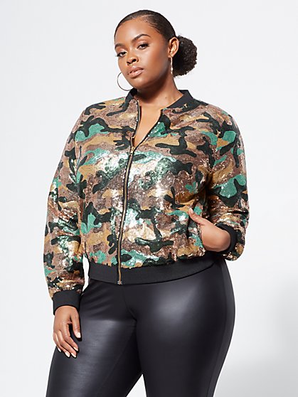 Plus Size Camo Sequin Bomber Jacket - Fashion To Figure