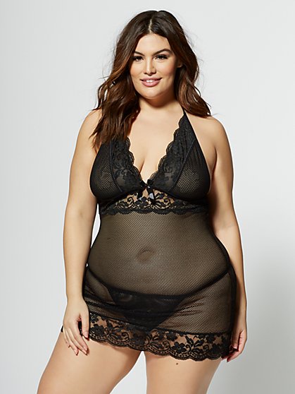 Plus Size Cerise Fishnet Chemise Set - Fashion To Figure