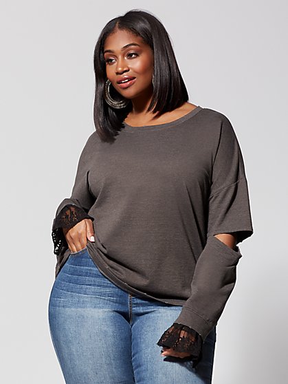 Plus Size Chiara Lace-Trim Sleeve Sweatshirt - Fashion To Figure