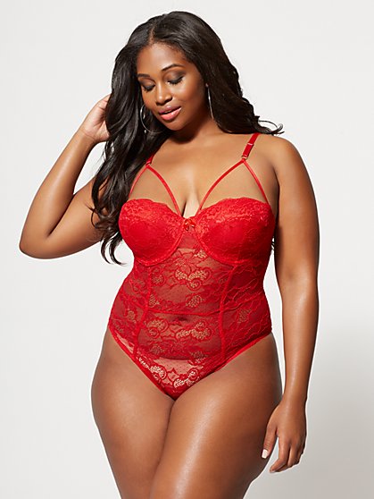 Plus Size Clemence Red Lace Lingerie Bodysuit - Fashion To Figure