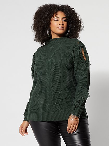 Plus Size Cold-Shoulder with Fringe Sweater - Fashion To Figure