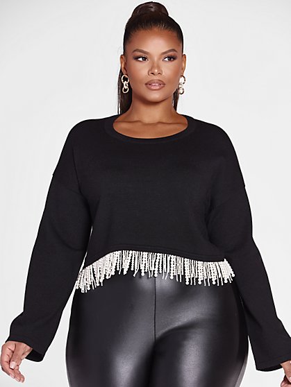 Plus Size Colette Rhinestone Fringe Hem Sweater - Fashion To Figure
