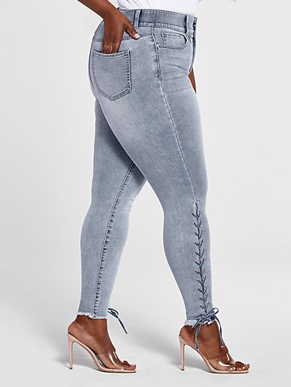 Plus Size Curvy Fit Skinny Jeans with Lace-Up Detail - Short Inseam - Fashion To Figure