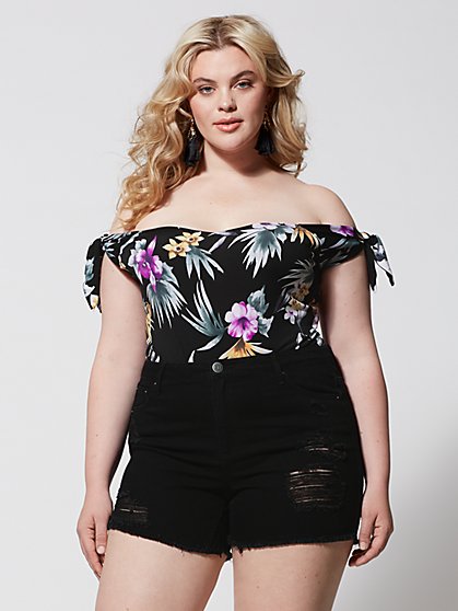 Plus Size Daphne Tropical Tie Shoulder Bodysuit - Fashion To Figure