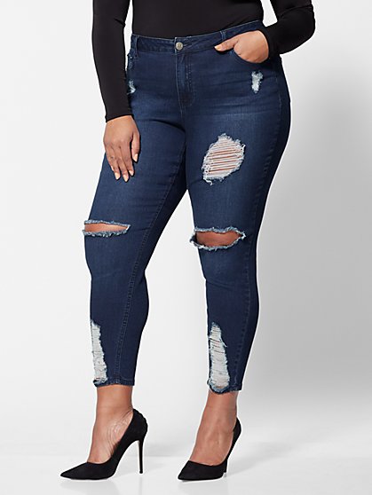 Plus Size Dark Blue Blow-Out Knee Jeans - Fashion To Figure
