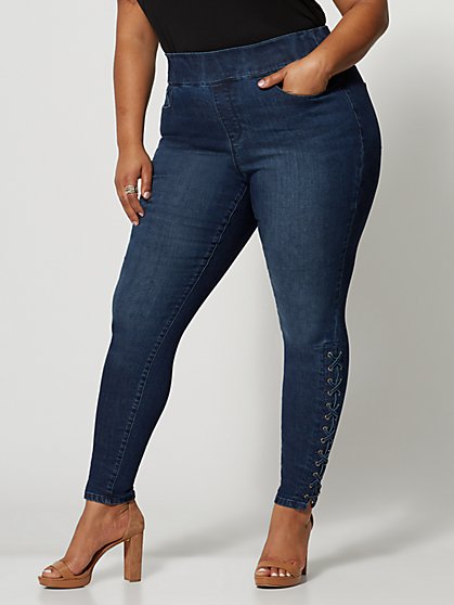 Plus Size Dark Wash High-Rise Lace-Up Jeggings - Fashion To Figure