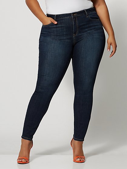 Plus Size Dark Wash Mid-Rise Crosshatch Skinny Jeans - Tall Inseam - Fashion To Figure