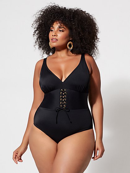 Plus Size Deandra Lace-Up One-Piece Swimsuit - Fashion To Figure