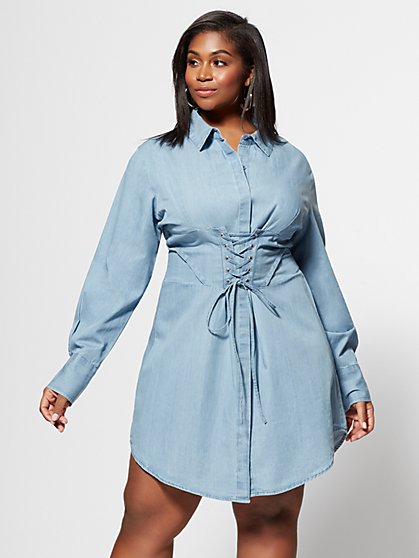 Plus Size Denim Girl Boss Corset Shirt Dress - Fashion To Figure