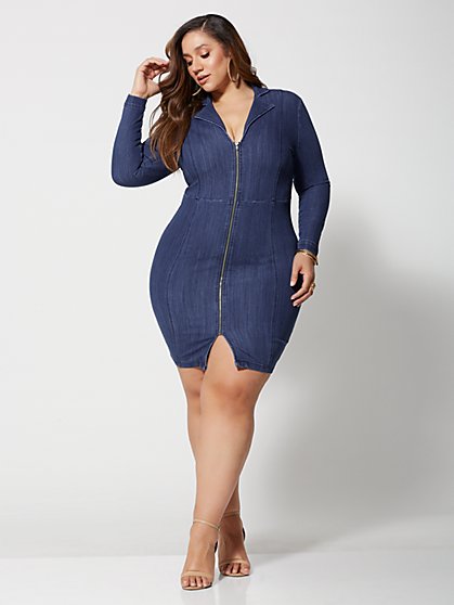 Plus Size Denise Denim Zip Bodycon Dress - Fashion To Figure