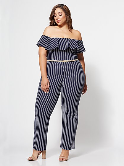 Plus Size Fabiola Off-Shoulder Striped Jumpsuit - Fashion To Figure