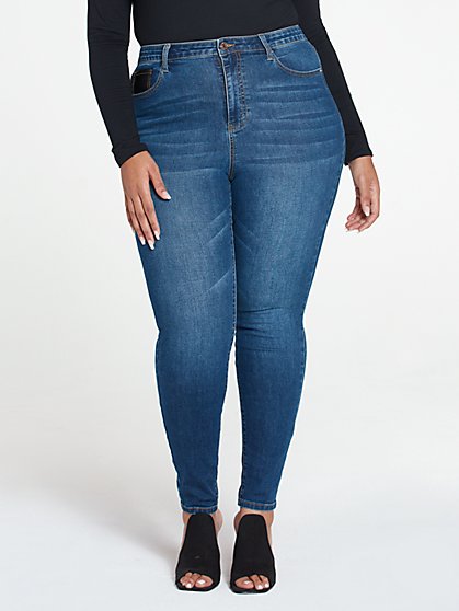 Plus Size Faux Leather Pocket Skinny Jeans - Fashion To Figure
