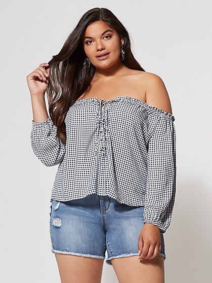 Plus Size Gemma Gingham Off-Shoulder Top - Fashion To Figure