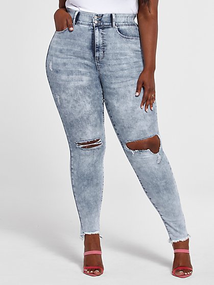 Plus Size High Rise Acid Wash Destructed Curvy Fit Skinny Jeans - Short Inseam - Fashion To Figure