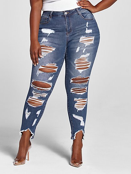 Plus Size High Rise Allover Destructed Skinny Jeans - Short Inseam - Fashion To Figure