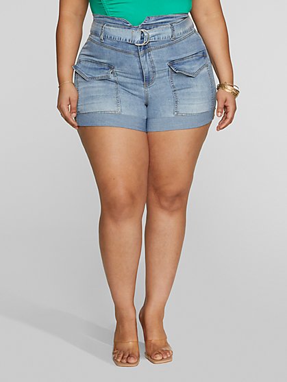 Plus Size High Rise Belted Cargo Denim Shorts - Fashion To Figure