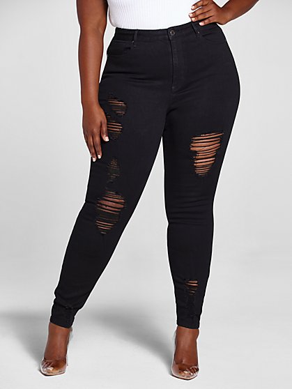 Plus Size High Rise Black Destructed Skinny Jeans - Short Inseam - Fashion To Figure