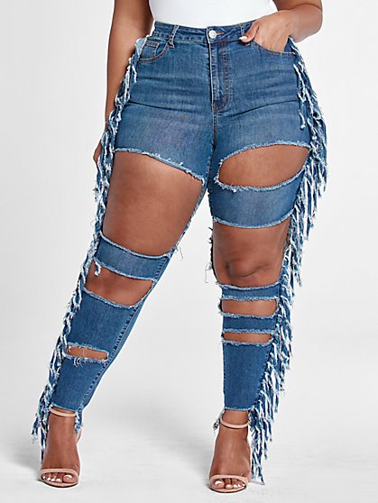 Plus Size High Rise Blowout Skinny Jeans with Fringe Detail - Fashion To Figure