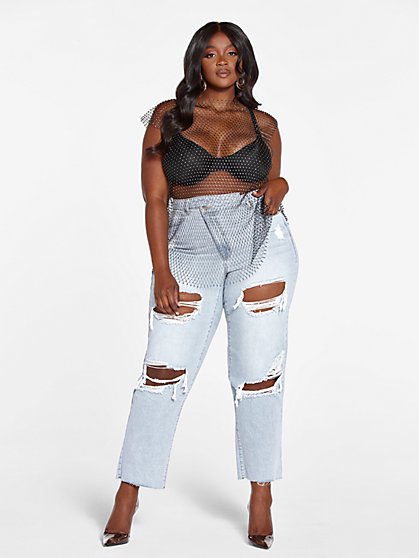 Plus Size High Rise Crossover Waist Destructed Jeans - Gabi Fresh x FTF - Fashion To Figure