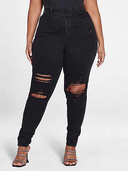 Plus Size High Rise Curvy Fit Skinny Jeans with Blowout Knees - Short Inseam - Fashion To Figure