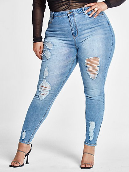 Plus Size High Rise Destructed Skinny Jeans in Light Indigo - Fashion To Figure