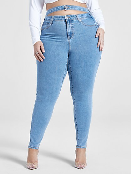 Plus Size High Rise Double Waistband Cutout Skinny Jeans - Fashion To Figure