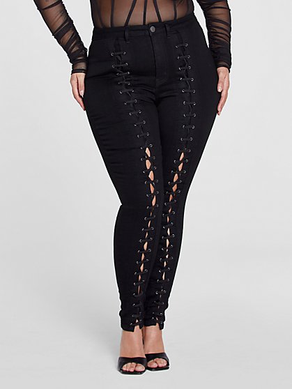 Plus Size High Rise Lace-Up Skinny Jeans - Fashion To Figure