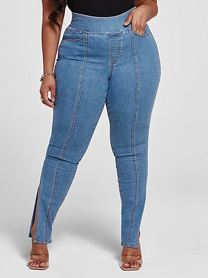 Plus Size High Rise Medium Blue Wash Jeggings with Side Slits - Fashion To Figure
